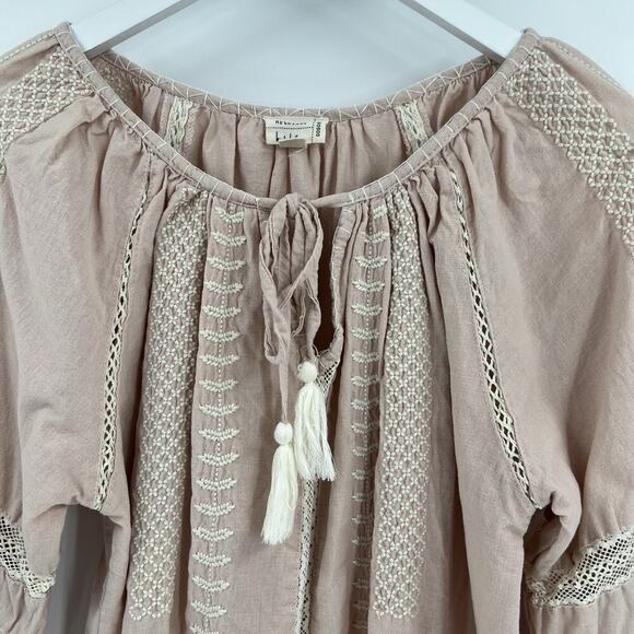 Nicole Miller Artelier Pink 100% Cotton Boho Embroidered Peasant Top Size Large - Picture 2 of 10